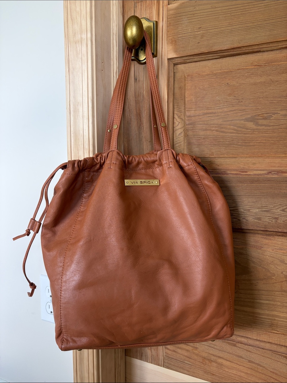Via Spiga 🍂 Cognac Leather Drawstring Tote Bag